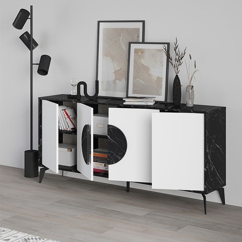 Μπουφές Gora χρώμα μαύρο εφέ μαρμάρου - λευκό 180x35,6x82εκ.