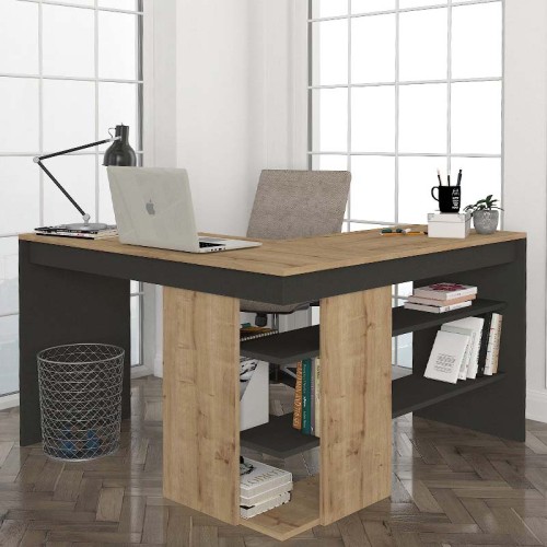 Γραφείο εργασίας Stylo χρώμα sapphire oak -  ανθρακί 120x120x73,8εκ.