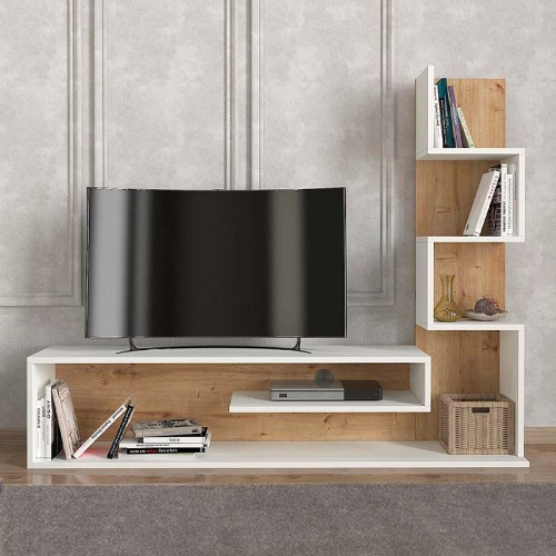 Έπιπλο τηλεόρασης Metehan χρώμα λευκό - sapphire oak 149,5x29,5x120εκ.
