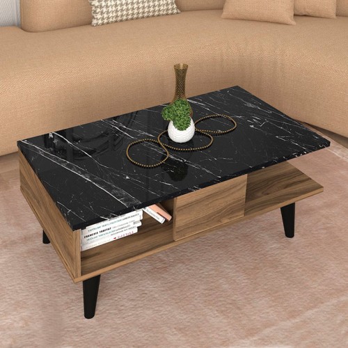 Τραπεζάκι σαλονιού Andros χρώμα καρυδί - μαύρο εφέ μαρμάρου 90x54x39,6εκ.
