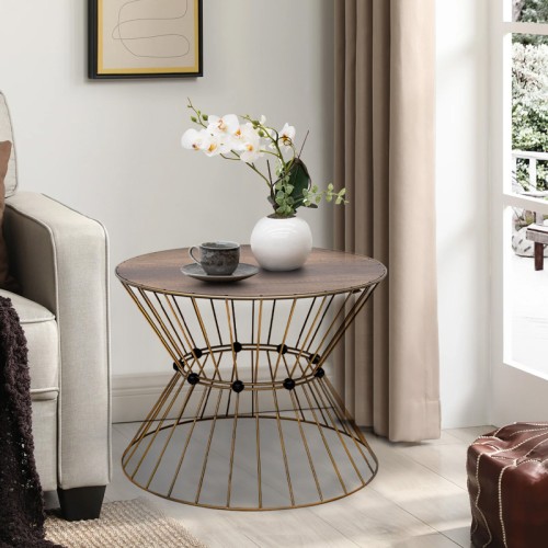 Τραπεζάκι σαλονιού Girene μεταλλικό - Mdf χρώμα χρυσό - καρυδί Ø55x42εκ.