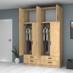 Ντουλάπα ρούχων Ricardo τετράφυλλη με πατάρι και συρτάρια χρώμα φυσικό οξιάς 160x51,8x240εκ.