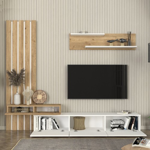 Σύνθεση τηλεόρασης Rosaline χρώμα λευκό - sepet oak 233x31,3x196,8εκ.
