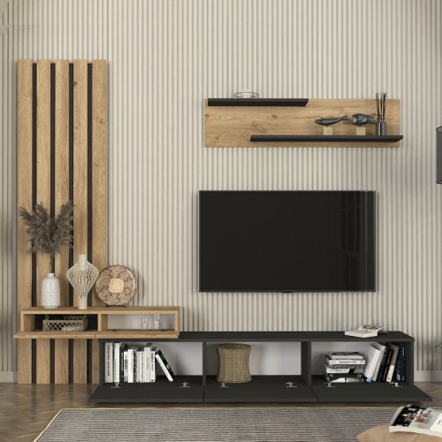 Σύνθεση τηλεόρασης Rosaline χρώμα ανθρακί - sepet oak 233x31,3x196,8εκ.