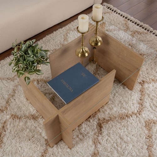 Τραπεζάκι σαλονιού Vetrino γυάλινο χρώμα honey oak 105x65x40εκ.
