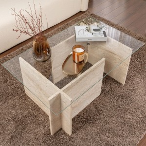 Τραπεζάκι σαλονιού Vetrino γυάλινο χρώμα travertine 105x65x40εκ.