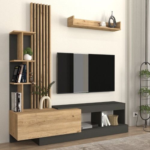 Σύνθεση τηλεόρασης Vermont χρώμα ανθρακί - sepet oak 180x40x193,8εκ.