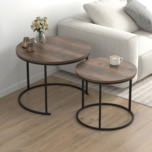 Τραπεζάκι σαλονιού σετ 2 τμχ Hilal χρώμα καπνιστή καρυδιά Ø66x49,5εκ.