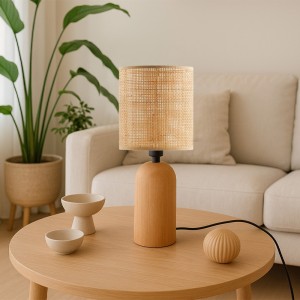 Φωτιστικό επιτραπέζιο Cora E14 ξύλινο - pe rattan χρώμα φυσικό Ø15x35εκ.