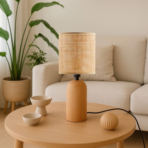 Φωτιστικό επιτραπέζιο Cora E14 ξύλινο - pe rattan χρώμα φυσικό Ø15x35εκ.