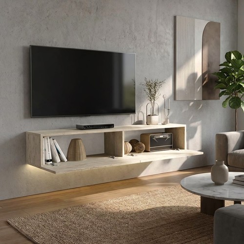 Έπιπλο τηλεόρασης επιτοίχιο Aristo με LED χρώμα travertine 135x31,6x25εκ.