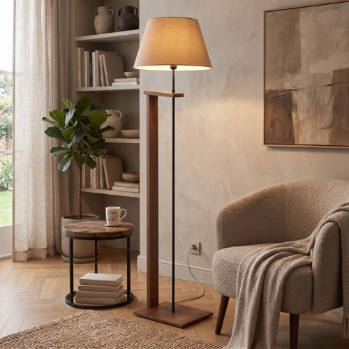 Φωτιστικό δαπέδου Moris MDF - ύφασμα PVC χρώμα καρυδί - μπεζ Φ38x150εκ.