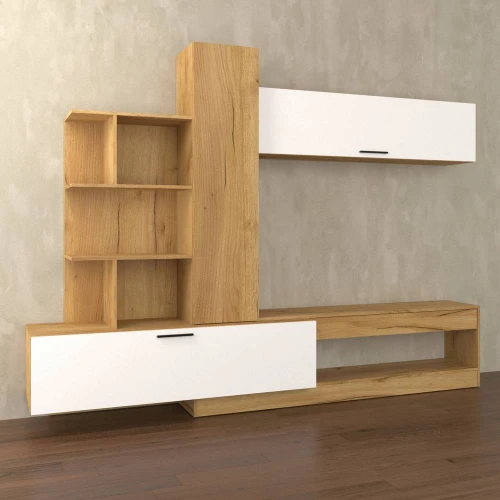 Σύνθεση Τηλεόρασης Omela 260X42X193Εκ Χρυσός Δρύς Με Λευκό