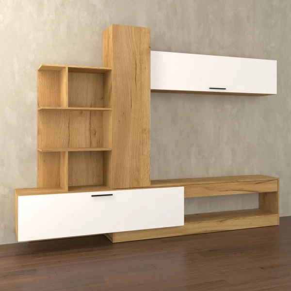 Σύνθεση Τηλεόρασης Omela 260X42X193Εκ Χρυσός Δρύς Με Λευκό