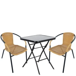 Σετ Τραπεζαρία Κήπου TAURUS Μαύρο/Μπεζ Rattan/Γυαλί/Μέταλλο Με 2 Πολυθρόνες 14990488