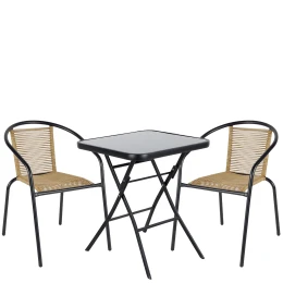 Σετ Τραπεζαρία Κήπου TAURUS Μαύρο/Φυσικό Rattan/Γυαλί/Μέταλλο Με 2 Πολυθρόνες 14990518