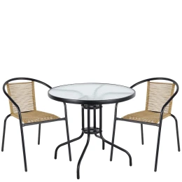 Σετ Τραπεζαρία Κήπου EARTH Μαύρο/Φυσικό Rattan/Γυαλί/Μέταλλο Με 2 Πολυθρόνες 14990519