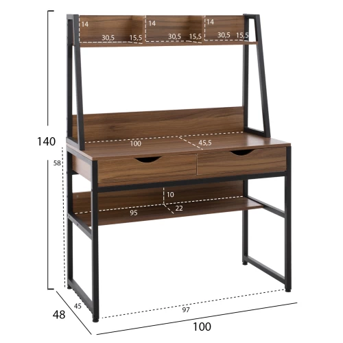 ΓΡΑΦΕΙΟ ΜΕ ΒΙΒΛΙΟΘΗΚΗ TANAYA HM2390.12 ΜΕΛΑΜΙΝΗ ΚΑΡΥΔΙ-ΜΑΥΡΟΣ ΜΕΤΑΛΛ.ΣΚΕΛΕΤΟΣ 100x48x139Y