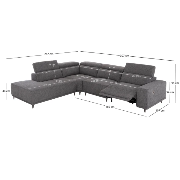 ΚΑΝΑΠΕΣ ΑΡΙΣΤΕΡΗ ΓΩΝΙΑ 5Θ ΜΕ RECLINE LUNARIS HM3316.01L ΓΚΡΙ ΥΦΑΣΜΑ 307x267x94Yεκ