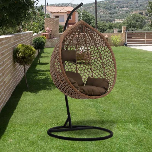 Κρεμαστή κούνια - φωλιά "ARIA" με wicker σε χρώμα cappuccino & καφέ μαξιλάρια 105x80x195