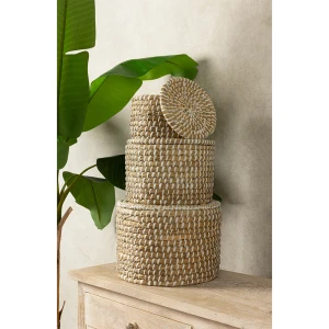 NILE BOX ΚΑΛΑΘΙ ΜΕ ΚΑΠΑΚΙ SET 3ΤΜΧ 35x35x25cm KANSGRASS ΦΥΣΙΚΟ ΛΕΥΚΟ PVC