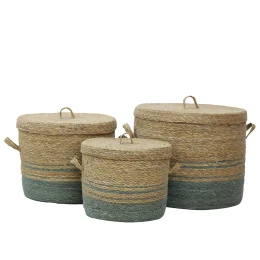 AMORGOS ΚΑΛΑΘΙ ΜΕ ΚΑΠΑΚΙ SET 3ΤΜΧ 38x38x30cm SEAGRASS ΦΥΣΙΚΟ ΜΕΝΤΑ