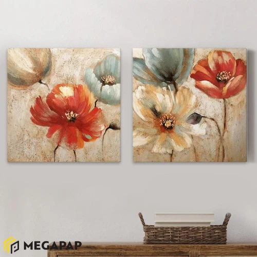 Πίνακες σε καμβά "Flowers" 2 τμχ. ψηφιακής εκτύπωσης 103x50x3εκ.
