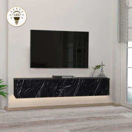 Έπιπλο τηλεόρασης επιτοίχιο Damla με LED χρώμα μαύρο εφέ μαρμάρου 180x29,5x29,5εκ.