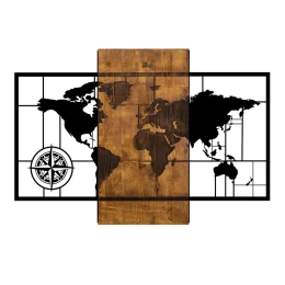 Διακοσμητικό τοίχου World Map ξύλινο - μεταλλικό χρώμα καρυδί - μαύρο 85x3x58εκ.