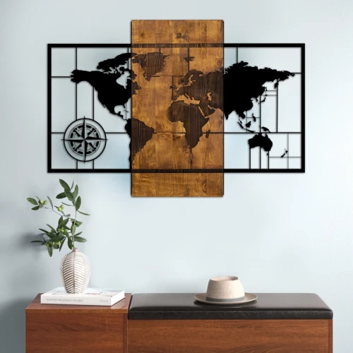 Διακοσμητικό τοίχου World Map ξύλινο - μεταλλικό χρώμα καρυδί - μαύρο 85x3x58εκ.