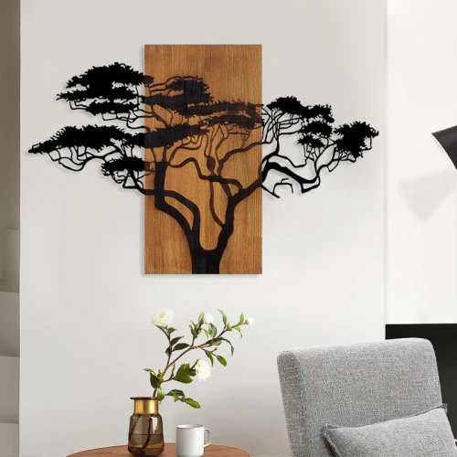 Διακοσμητικό τοίχου Acacia Tree ξύλινο - μεταλλικό χρώμα καρυδί - μαύρο 90x3x58εκ.