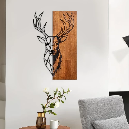Διακοσμητικό τοίχου Deer ξύλινο - μεταλλικό χρώμα καρυδί - μαύρο 36x3x58εκ.