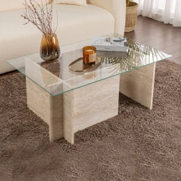 Τραπεζάκι σαλονιού Vetrino γυάλινο χρώμα travertine 105x65x40εκ.