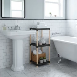 Ραφιέρα δαπέδου πλαστική - ξύλινη χρώμα φυσικό - μαύρο 28x25x72εκ.