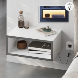 Κομοδίνο επιτοίχιο Brik με LED χρώμα λευκό - γκρι ρετρό 45x30x18εκ.
