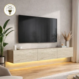 Έπιπλο τηλεόρασης επιτοίχιο Damla με LED χρώμα travertine 180x29,5x29,5εκ.