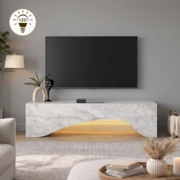 Έπιπλο τηλεόρασης Mara με LED χρώμα λευκό εφέ μαρμάρου 150x31,4x40εκ.