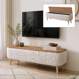 Έπιπλο τηλεόρασης Luno ύφασμα teddy χρώμα λευκό - pine oak 120x30x45εκ.