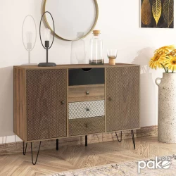 Μπουφές Boho Με Τέσσερα Συρτάρια Καρυδί Μεταλλικά Πόδια 122X39,5X86Εκ