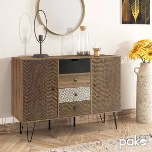 Μπουφές Boho Με Τέσσερα Συρτάρια Καρυδί Μεταλλικά Πόδια 122X39,5X86Εκ