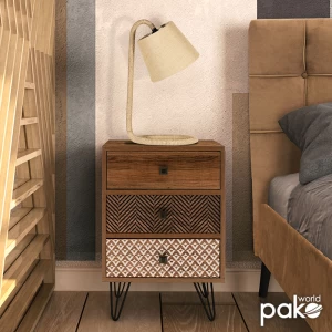 Κομοδίνο Boho Με 3 Συρτάρια Καρυδί Με Μεταλλικά Πόδια 40X40X59Εκ