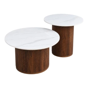 Τραπέζι Σαλονιού Skerta Σετ 2Τεμ Λευκό Sintered Stone Mdf Με Καρυδί Βάση