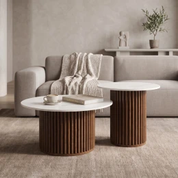 Τραπέζι Σαλονιού Skerta Σετ 2Τεμ Λευκό Sintered Stone Mdf Με Καρυδί Βάση