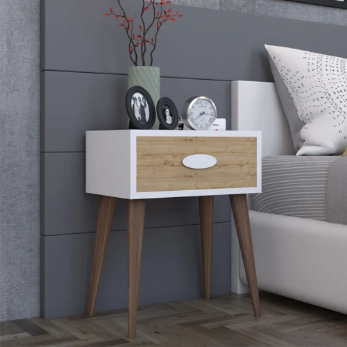 Κομοδίνο Laber Με Ένα Συρτάρι Καρυδί-Λευκό-Sonoma 45X30X57.5Εκ