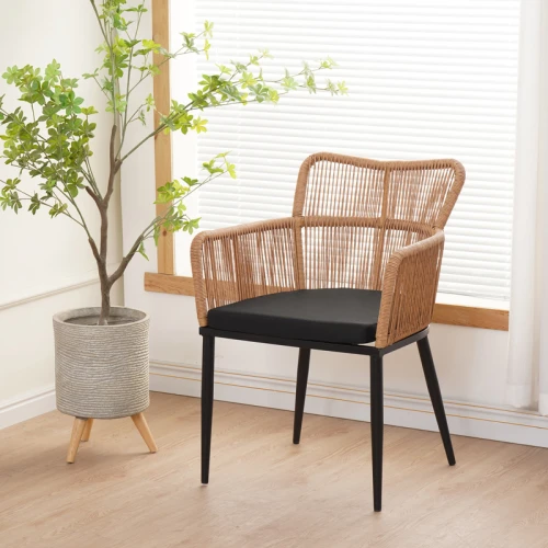 Πολυθρόνα Naoki Pe Rattan -Metal Σε Φυσική Απόχρωση Με Μαύρα Πόδια/Μαξιλάρι 59X62.5X82Εκ