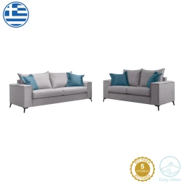 Σετ Σαλονιού 2Τεμ Verona Ανοιχτό Γκρι Ύφασμα Με Μαξιλάρια Σε Μπλε Απόχρωση