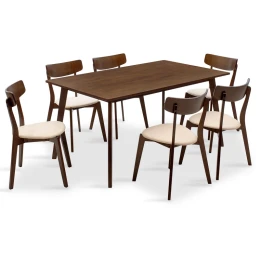Tραπεζαρία Benson - Toto Σετ 7Τμχ Καρυδί - Ύφασμα Μπεζ 150X90X75Εκ