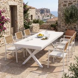 Τραπεζαρία Dagyn Savor Σετ 7Τεμ Λευκό Αλουμίνιο Με Textline Pe Rattan Σε Φυσική Απόχρωση 180-240X90X76Εκ