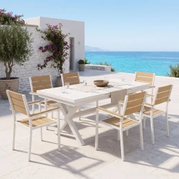 Τραπεζαρία Dagyn Breze Σετ 7Τεμ Λευκό Αλουμίνιο Με Φυσική Απόχρωση 180-240X90X76Εκ