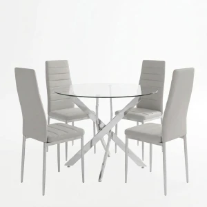 Τραπεζαρία Με Καρέκλες Parker Λευκό Και Τραπέζι Antoro Γυαλί Με Βάση Χρωμίου Φ80X75Εκ Σετ 5Τεμ